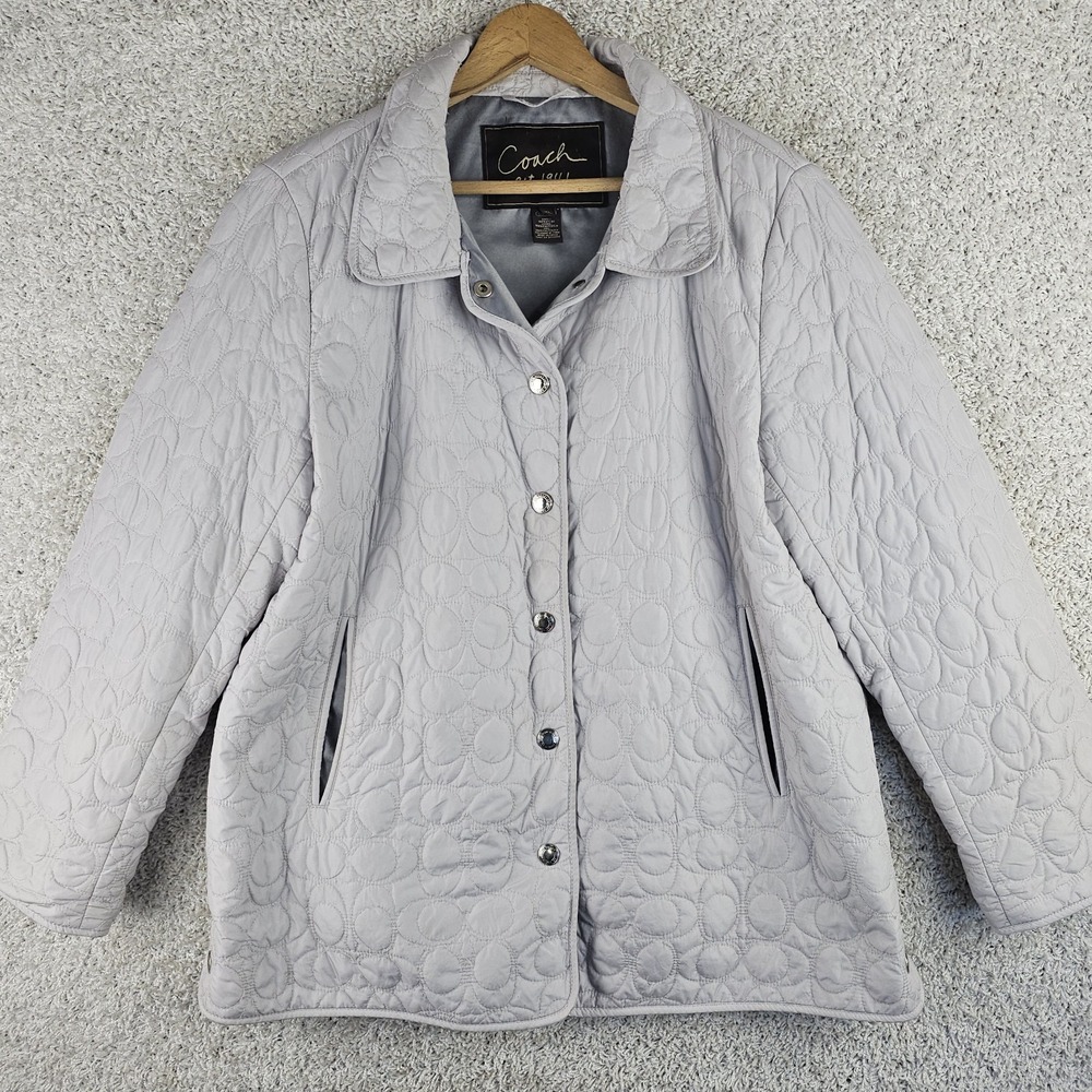 Coach C Quilted Jacket Coat Gray Off White Women's XL Buttons Nylon Polyester